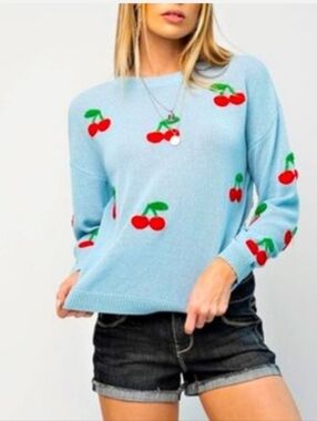 Kori blue knit cherry print pull over oversized sweater cute classic size large